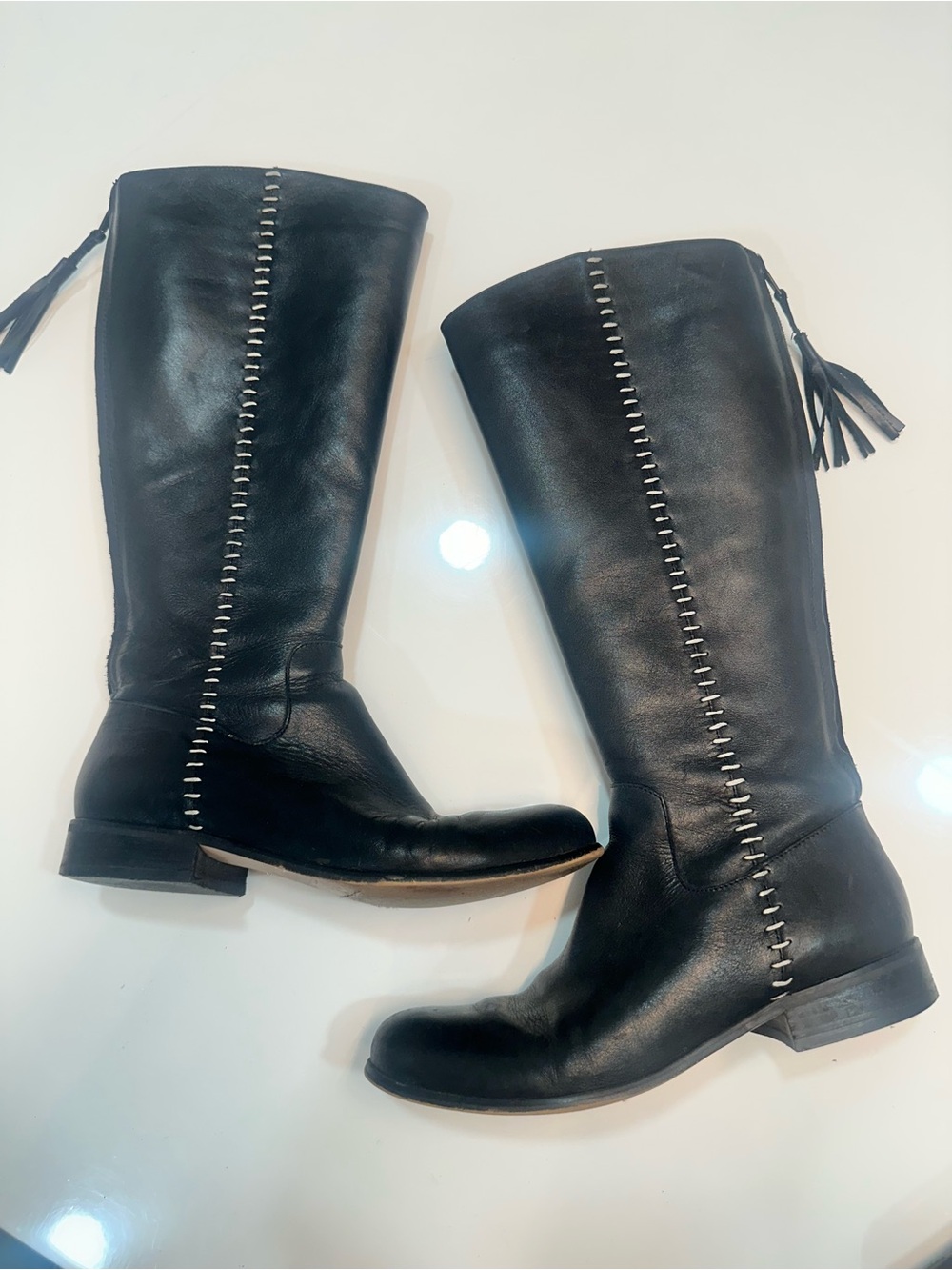 Corso Como Black Leather Knee-High Tassel Boots with Whipstitch